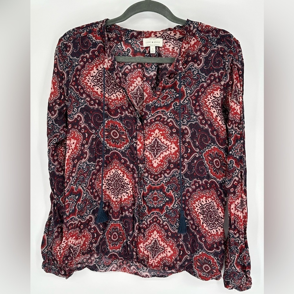 Lucky Brand Boho Sheer Tassel Blouse Size S Romantic Paisley Viscose Long Sleeve